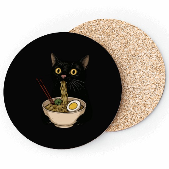 Black Cat Eating Ramen Noodles, Cute Japanese Food Coasters