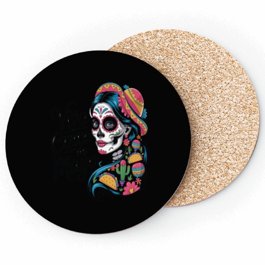 Cinco de Mayo Sugar Skull Girl Sombrero & Flowers Coasters