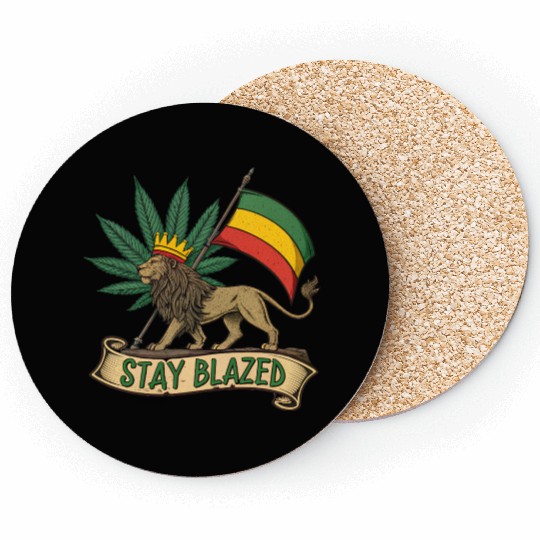 Stay Blazed Lion of Judah Rasta Flag and Weed Leaf Coasters