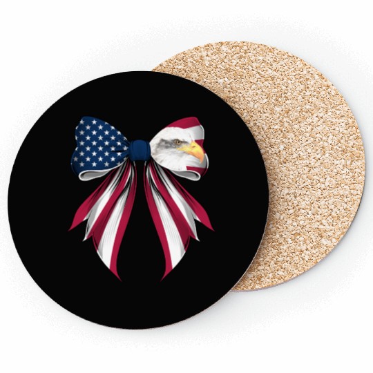 Coquette Bow Bald Eagle Bird US Flag Patriotic Coasters