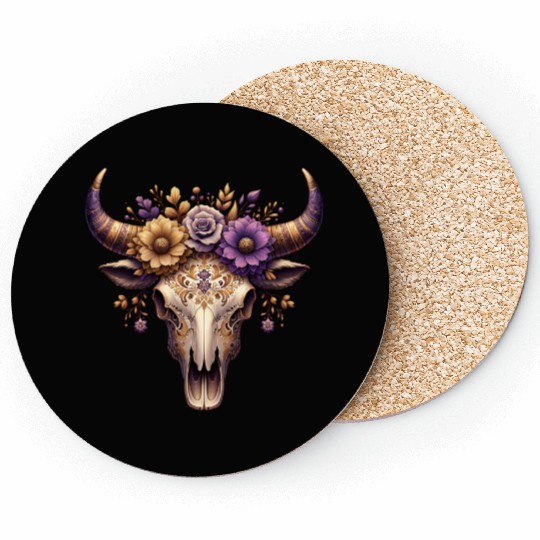 Boho Bull Skull with Floral – Western Bohemian Coasters