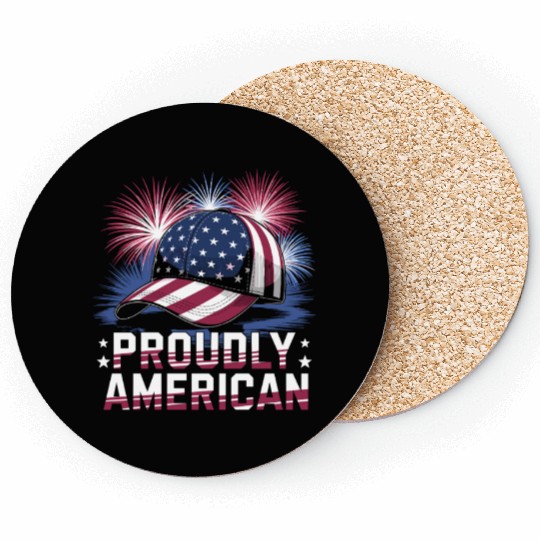 Proudly American Hat With Fireworks and Stars Coasters