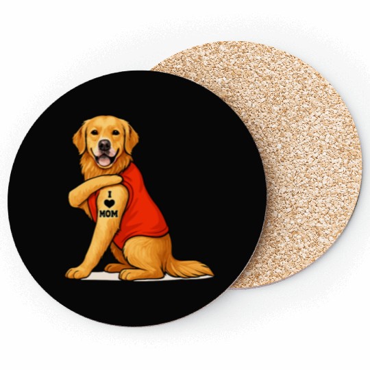 Funny golden retriever Dog I Love Mom Tattoo Lover Coasters