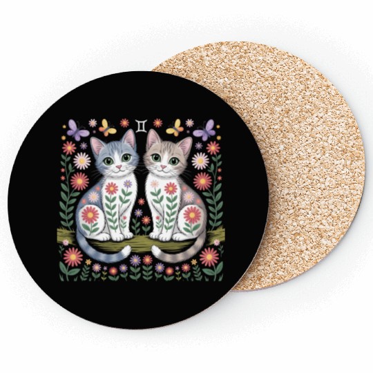 Gemini Zodiac Twin Cats Art Coasters