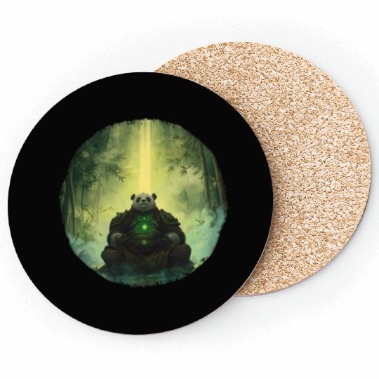 Meditating Panda Monk in a Glowing Bamboo Grove Coasters