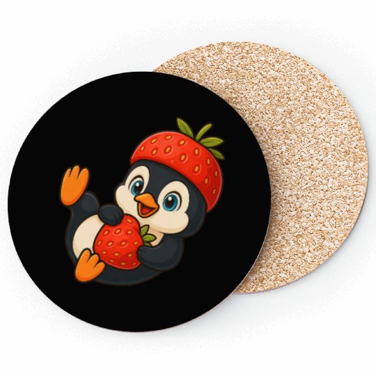 Cute penguin with fruity strawberry hat cartoon Coasters