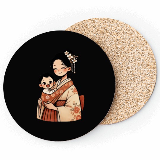 Elegant Asian Woman in Kimono Holding Baby Coasters
