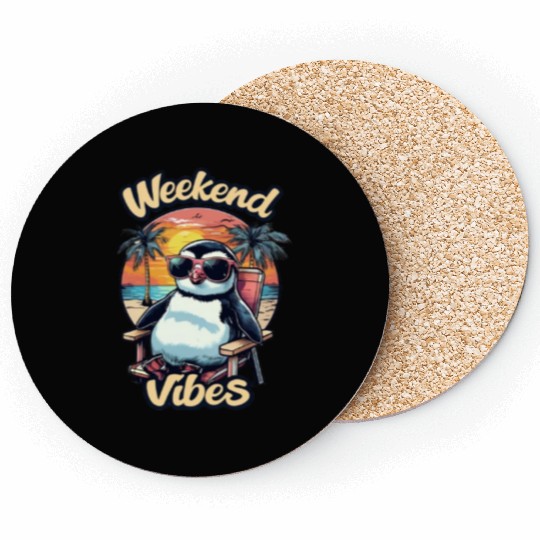 Weekend Vibes – Cute Cartoon Penguin with Sunglass Coasters