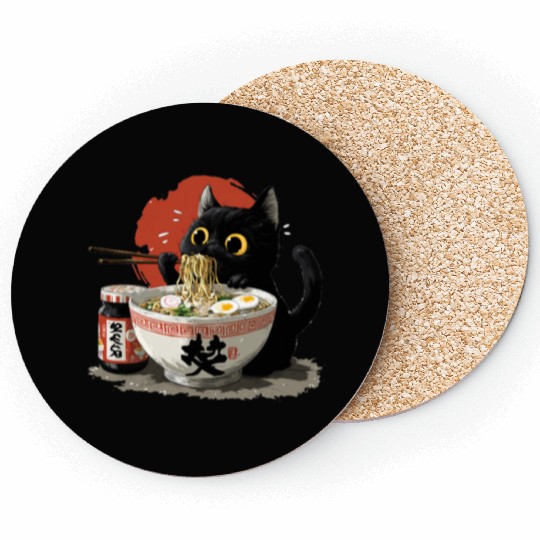 Black Cat Eating Ramen Japanese Funny Cat Coasters