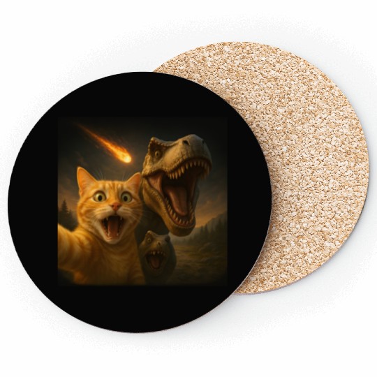 Funny Cat Dino Selfie Meteor Meme Surreal Apocalyp Coasters
