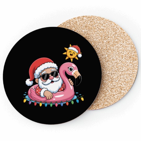 Funny Santa Claus Flamingo Float Christmas Coasters