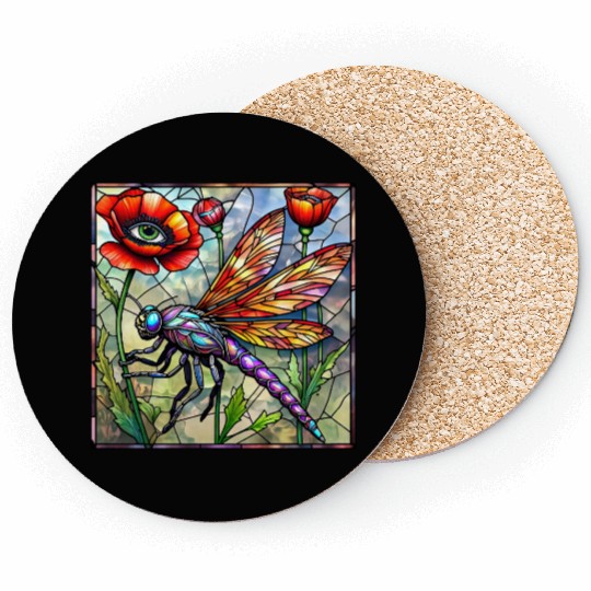 Dragonfly stained glass poppy flower insect eye Coasters