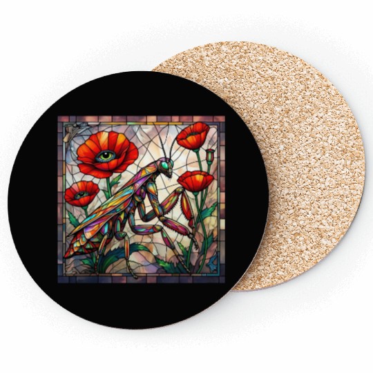 Praying mantis stained glass vibrant poppy flower Coasters