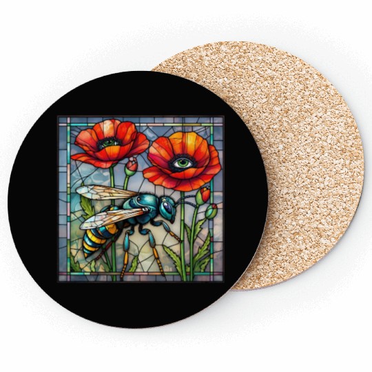 Wasp hornet bee stained glass vibrant poppy flower Coasters