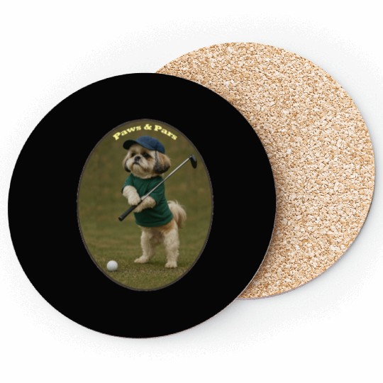 Shih Tzu Dog Standing and Holding a Golf Club URM Coasters