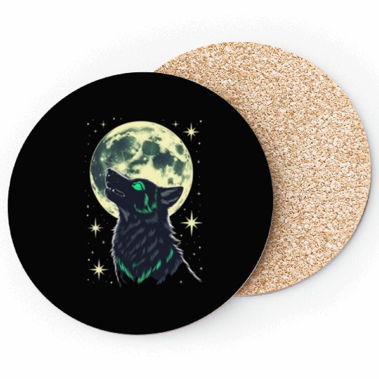 Celestial Howl – Mystical Wolf Under Moonlight Coasters