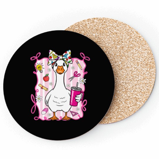 Cute Goose With Coquette Back To School Coasters