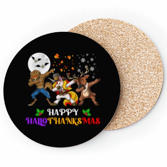 Happy Hallothanksmas Dabbing werewolf Unicorn Deer Coasters