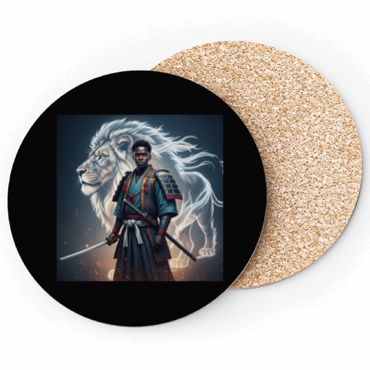 African Samurai With Spirit Lion Coasters