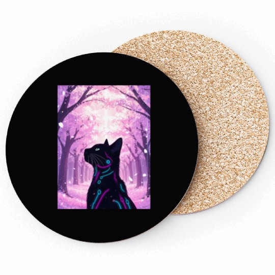 Midnight Cyber Cat | Pink Cherry Blossom Forest Coasters