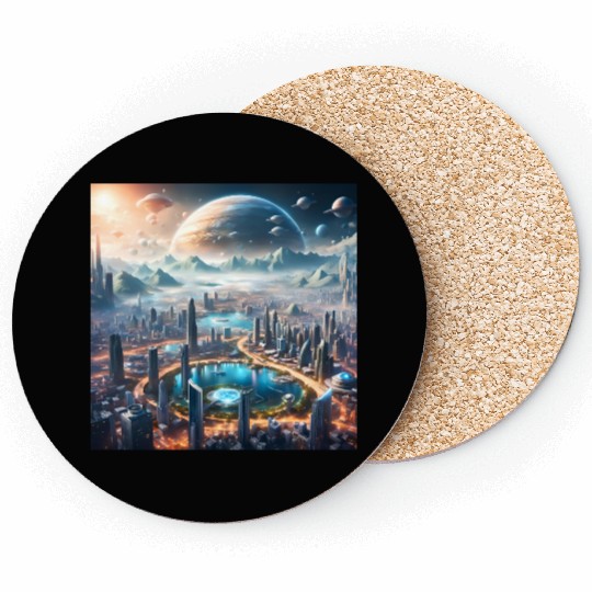 Futuristic Cityscape with Alien Planets Sci-Fi Coasters