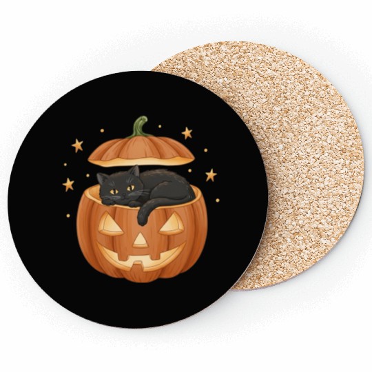 Black Cat in Jack-O-Lantern Pumpkin Coasters