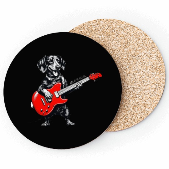 Dachshund Playing Guitar Funny Rock and Roll Dog Coasters