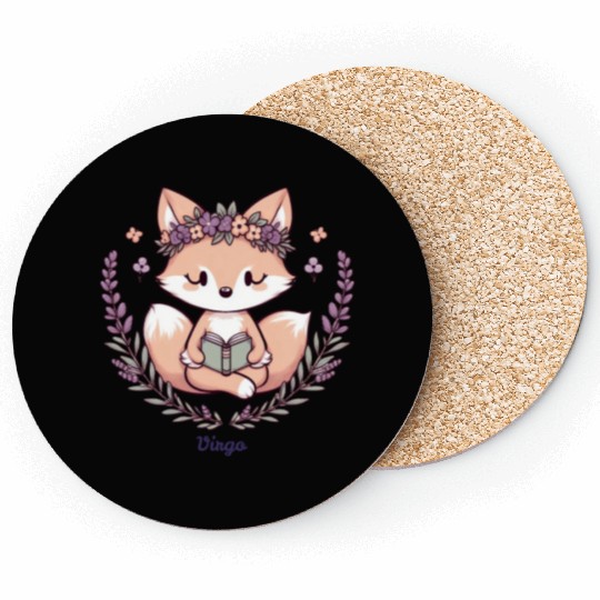 Cute Fox Virgo Reading with Floral Crown Coasters