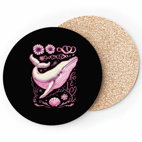 Pink Whimsical Whale with Floral Accents Coasters