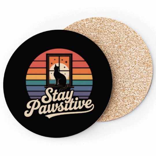Stay Pawsitive Retro Cat Window Starry Night Coasters