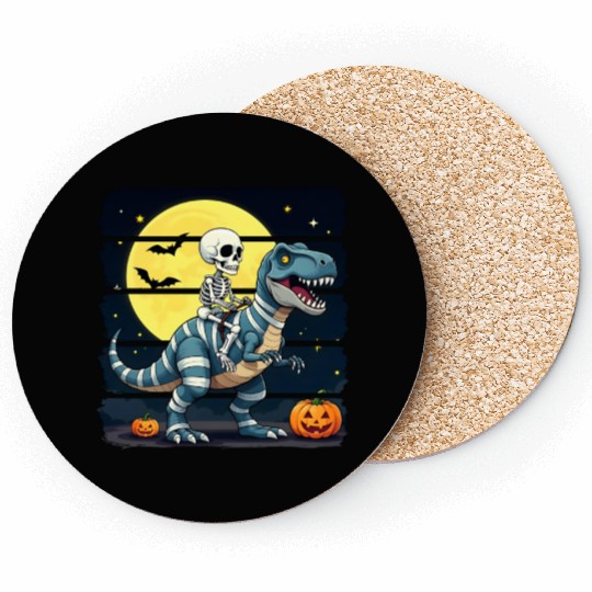 Skeleton Riding Mummy Dinosaur Funny Halloween Coasters