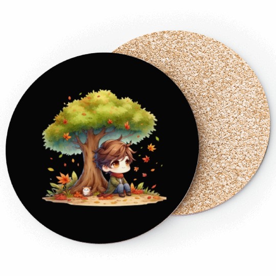 Autumn Serenity Chibi under a Maple Tree Coasters
