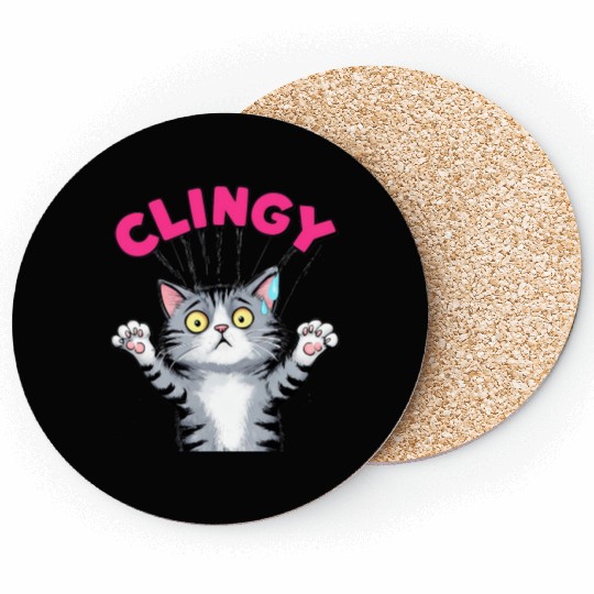 Humorous Clingy Cat Illustration Coasters