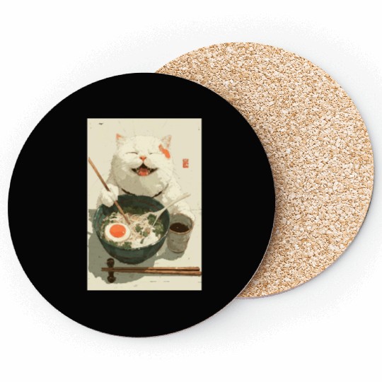 Happy White Cat Eating Ramen Coasters