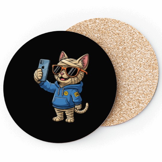 Cool Cartoon Cat Mummy Taking a Selfie Coasters