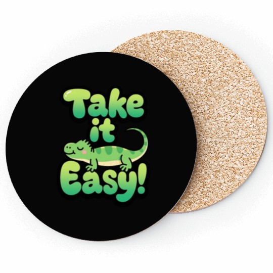 Relaxed Green Lizard – Take it Easy Cartoon Design Coasters