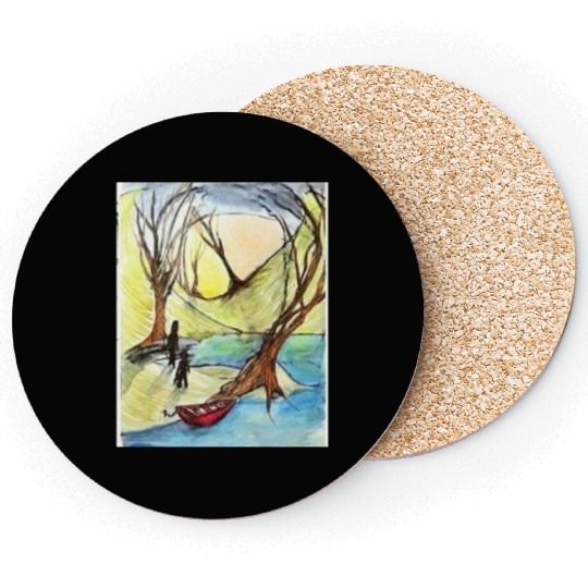 Serene Autumn River Scene Illustration Coasters