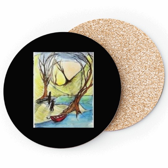 Serene Autumn River Scene Illustration Coasters