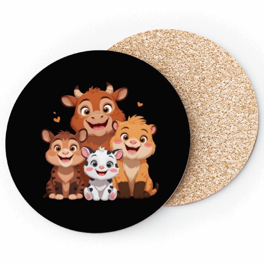 "Cute Farm Animal Friends – Cartoon Cow, Tiger, Li Coasters