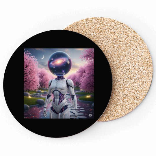 Futuristic Robot in Cherry Blossom Paradise Coasters