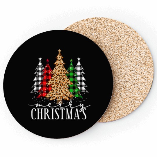 Leopard and Plaid Christmas Tree Design Coasters