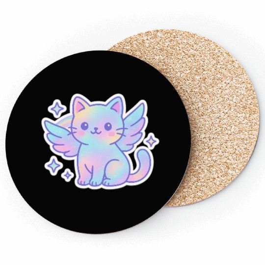 Celestial Winged Cat Illustration Coasters