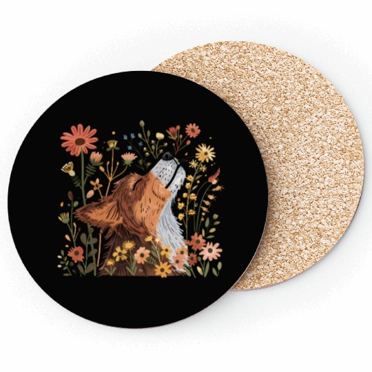 Serene Howling Wolf Amid Floral Bloom Coasters