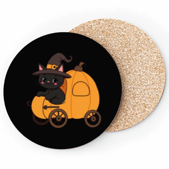 Black Cat in Witch Hat Halloween Design Coasters