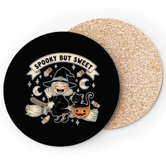 Whimsical Halloween Witch and Cat Design Coasters