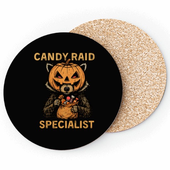 Candy Raid Specialist Halloween Raccoon Pumpkin Coasters