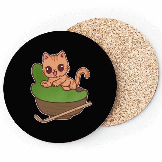 Kawaii Cat in Matcha Tea Bowl Coasters