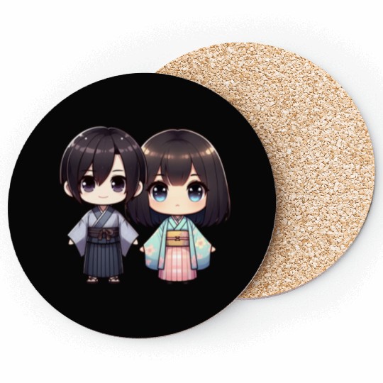 Chibi Kawaii Traditional Kimono Duo Coasters