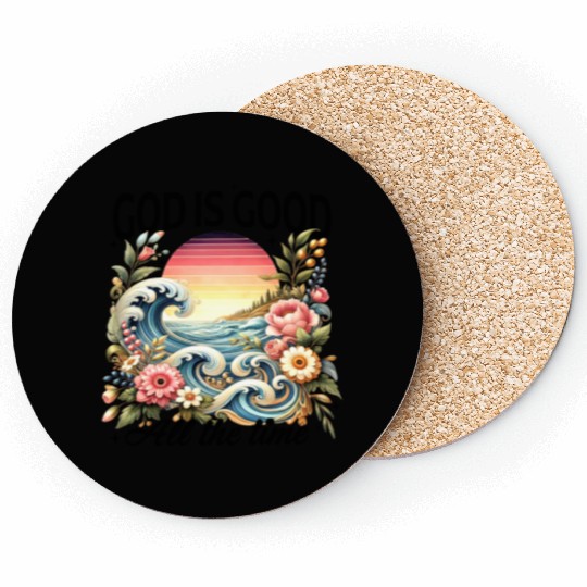 Elegant Wave and Floral Sunset Scene - GOD IS GOOD Coasters