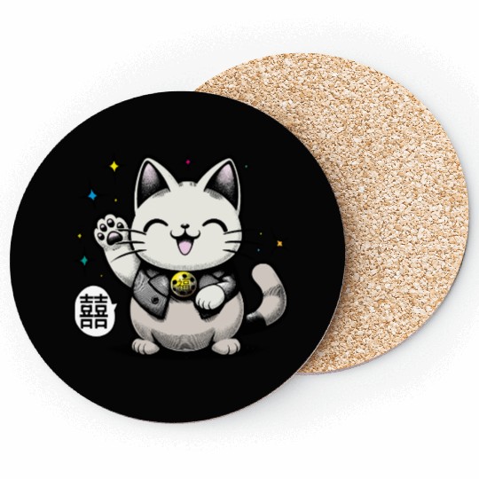 Happy Maneki Neko - double happiness - 招き猫 Coasters